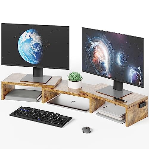 Image of BONTEC Dual Monitor Stand Riser, Desktop Monitor Stand with Smartphone Holder, Adjustable Length & Swivel Angle Wooden Desktop Organizer Stand PC Riser for PC Monitor Laptop Printer, Rustic Brown
