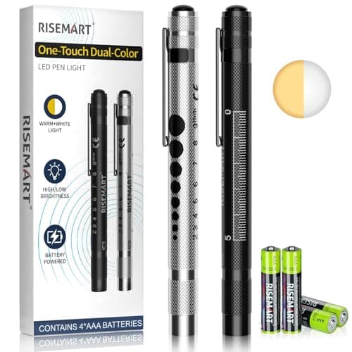 Image of RISEMART Pen Torch 2PCS for Nurses, LED Pen Light with Batteries, One Button Switch White & Warm Light Pupil Gauge Penlight for Nursing, Doctors, Students (Black+Silver)