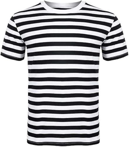 Image of Labela® Unisex Stripe Tshirt Round Neck Kids and Adult Short Sleeve Casual Crew Neck Summer Holidays Travel and Everyday Wear Top (M-Black & White)