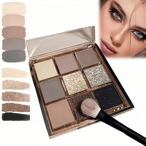 Image of 9-Color Nude Eyeshadow Palette,Matte Shimmer Glitter Finishes,Long-Lasting Waterproof & Blendable Powder for Smokey Eye Makeup,Cool Toned Silver Grey Taupe Black Shades,Makeup Palette for Women