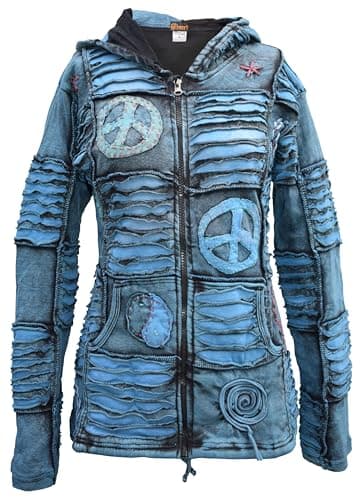 Image of Gheri Ladies Goth Ribs Blue Slashed Razorcut Pixie Hood Cotton Hoodie Turquoise 16