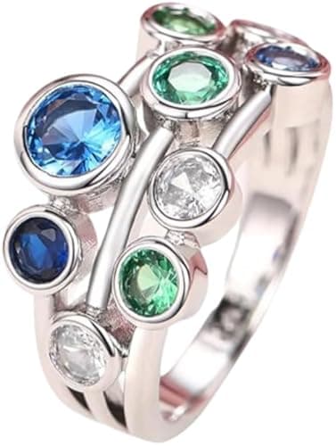Image of Luxury New Silver multi layer Bubble Silver with green blue and clear stones jewels stacking confetti statement ring (58 -Q)
