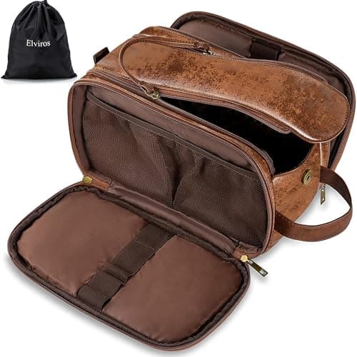Image of Water-Resistant PU Leather Toiletry Bag for Men Large Travel Wash Bag Shaving Dopp Kit Bathroom Gym Toiletries Makeup Organizer with Free Wet Dry Bag (Dark Brown)