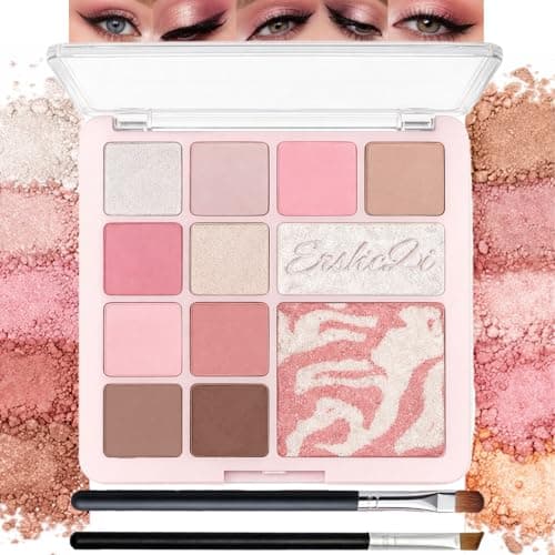 Image of 12 Colour Makeup Palette with Blush & Eyeshadow - Matte Shimmer Glitter Pink Tones - Long Lasting Highly Pigmented Korean Style Palette for Eye & Cheek Makeup - Soft Blendable Texture