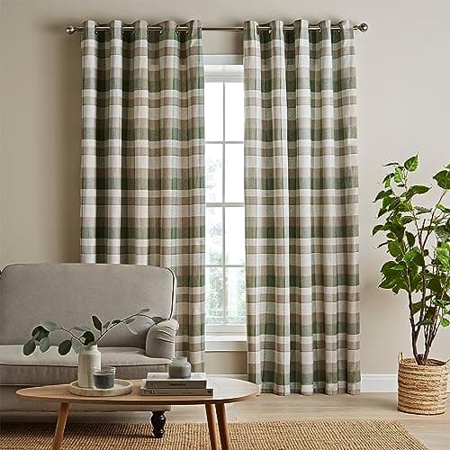 Image of Catherine Lansfield Brushed Cotton Thermal Check 90x90 Inch Lined Eyelet Curtains Two Panels Green