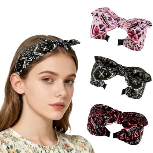 Image of Esitrormi 3 Pcs Boho Bow Knotted Headbands for Women, Elastic Fabric Hair Bands with Bohemian Patterns for Daily & Party Looks