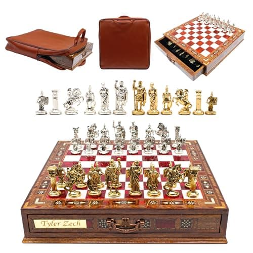 Image of GGS Grand Gift Store Medieval Wooden Chess Set with Storage, Handmade Chess Set, Premium Chess Board, Medieval Chess Set for Adults, Red