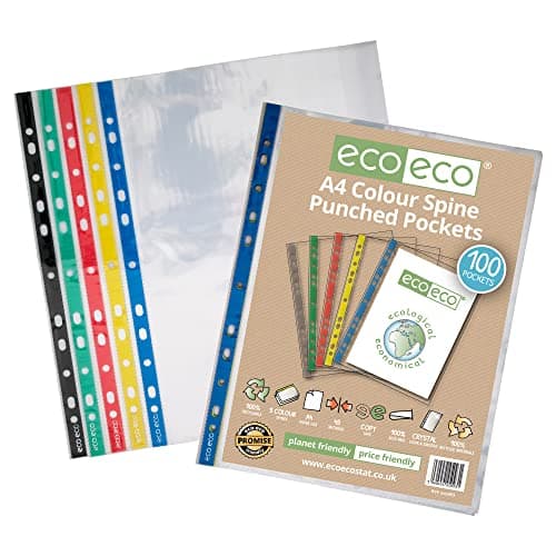 Image of eco-eco A4 100% Recycled Coloured Spine Multi Punched Pockets Glass Clear, Transparent Poly Wallet Sheet Protector, 45 Microns (Pack of 100), eco093