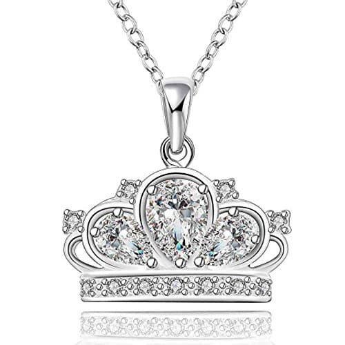 Image of IzuBizu London Womens 925 Sterling Silver Cubic Zirconia Silver Faux Princess Necklace Crown White Diamond Queen Anniversary Birthday Pendant