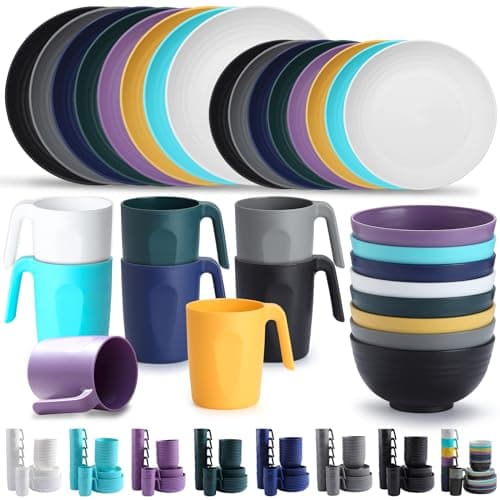 Image of Kyraton Plastic Dinnerware Sets of 32 Pieces Service for 8, Unbreakable and Reusable Light Weight Plates Mugs Bowls Dishes Easy to Carry and Clean Microwave Safe BPA Free Dishwasher Safe