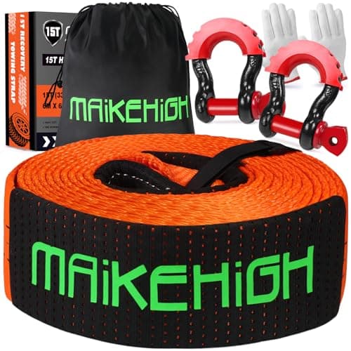 Image of MAIKEHIGH Tow Rope 15 Ton (33,700 Lbs), 6M x 7.6cm Off-Road Recovery Towing Strap with 2 Upgraded Reinforced Shackles, 2 Gloves for Car, Truck, SUV (Orange)