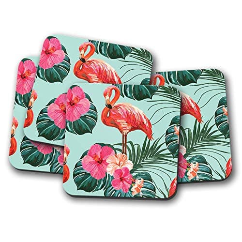 Image of 4 Set - Pink Tropical Flamingo Coaster - Flowers Lotus Palm Trees Fun #8620