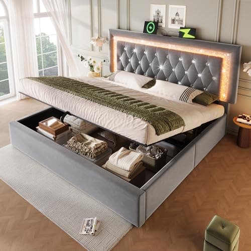 Image of Upholstered Bed Frame with Hydraulic Lift & Adjustable Diamond Tufted Headboard, 5ft King Size Bed Frame with LED Lighting&USB Type-C Charging,Velvet Functional Ottoman Storage Beds,Grey,No Mattress
