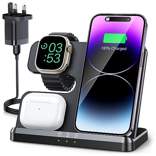 Image of JARGOU 3 in 1 Wireless Charging Station for Apple, Wireless Charger for iPhone 17 Pro Max 16 15, Fast Wireless Charger Stand for Apple Watch 11/Ultra 3/10/9/Ultra 2/Ultra/SE/8/7/6/5/AirPods Pro 4 3 2