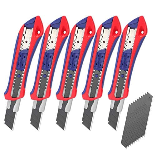 Image of WORKPRO Utility Knife Set, 5-Pack 18 mm Box Cutters with 20 SK5 Replacement Blades, Professional Snap-Off Utility Knives with Rubber Grip, for Cutting Paper and Cardboard, Red