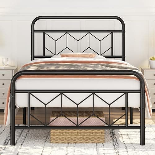Image of Yaheetech 3ft Single Bed Frames Vintage Sturdy Metal Platform Bed with Large Storage/Diamond Pattern Headboard/Easy Assembly/Embeded Design Bed Base, Black Single Bed