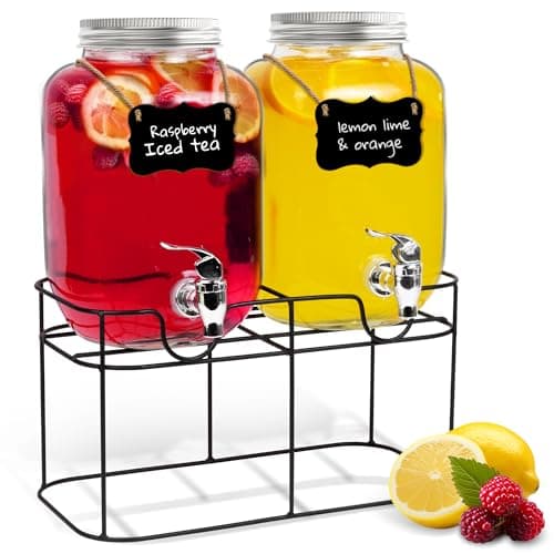 Image of HEFTMAN Glass Drink Dispenser with Tap - 2 x 4 Litre Mason Jar Drink Dispenser with Plastic Tap & Metal Wire Stand - Drinks Dispenser, Cocktails, Empty Beverage Dispenser