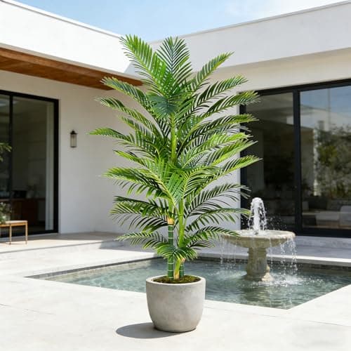 Image of TXABL 7FT Artificial Golden Cane Palm Tree, Large Artificial Plants with Black Planter, 210CM Tall Fake Tropical Palm Plant for Indoor Outdoor Living Room Patio Poolside Office Home Decor