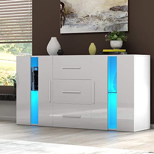 Image of Panana Modern 3-Door RGB Lights Sideboard Cabinet, Matt & High Gloss Cupboard Unit with LED Strips (White)