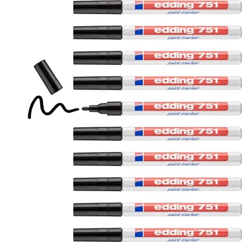 Image of edding 751 paint marker - black - 10 pens - round tip 1-2 mm - paint marker for marking and labelling metal, glass, rocks or plastic - heat-resistant, permanent, smudge-proof and waterproof