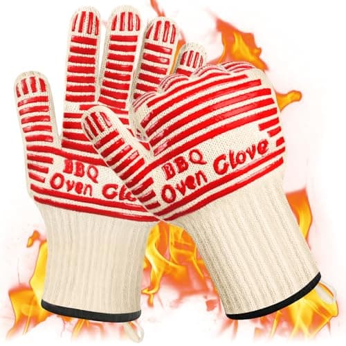 Image of AUAUY Heat Resistant Gloves, 1 Pair Silicone Non-slip Knitted Five Finger Oven Gloves, Heat Resistant up to 662°F / 350°C, for Baking, Cooking, Cast Iron Pan, Fireplace Grilling, Outdoor (Red-32 cm)