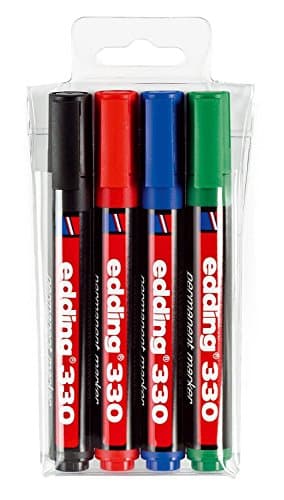 Image of edding 330 permanent marker - black, red, blue, green - set of 4 - chisel nib 1-5 mm - waterproof, quick-drying, smear-proof pens - for cardboard, plastic, glass, wood, metal and fabric