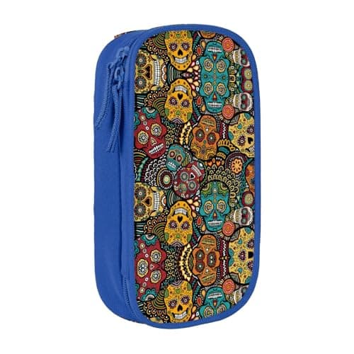 Image of ZANVPG Sugar Skulls Print Pencase Large Capacity Double-Layer Pencil Case Zipper Stationery Bag
