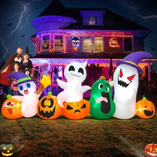 Image of 8 FT Halloween Inflatables Blow up Outdoor Decoration, Inflatable Ghost with Pumpkin Led Light Inflatables Outdoor Decor Blow up Inflatables for Holiday Party Lawn Yard Garden Décor