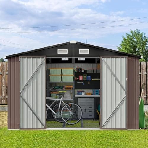 Image of Aoxun 10x8ft Garden Sheds, Metal Shed Bike Tool Shed, Sheds and Outdoor Storage with Lockable Doors & Slooping for Backyard, Poolside, Patio, Brown