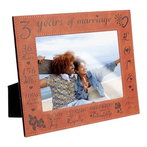 Image of FINGERINSPIRE 3rd Wedding Anniversary Frame Gifts 13x18cm 3 Years of Marriage Engraved Leather Picture Frame Brown Hanging/Tabletop Photo Frame with Flocked Backing Anniversary Wedding Gift Frame