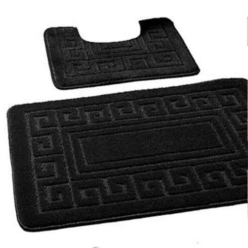 Image of EDS Luxury 2 Piece Greek Bath Mat Set Non Slip Ultra Soft Bathroom Mats Water Absorbent Bath Mats Machine Washable Rug Toilet Mat for Bathroom Floor (Black)