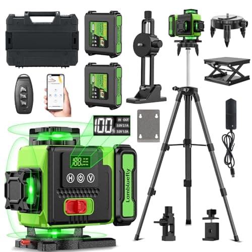 Image of Lambluefly Laser Level with Tripod, Laser Levels Self Leveling with 2x5000mAh Batteries and LED Display, 4x360 Lazer Level Tool with Tool Box,16 Green Lines/APP/Remote Control/Pulse Mode/IP54