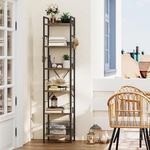 Image of YITAHOME Bookcase 6 Tiers, Floor Standing Book Shelf with 4 Hooks, Wooden Shelf and Metal Frame Book Rack Industrial Tall Shelf Unit Storage for Living Room, Home Office, Rustic Brown Bookshelf
