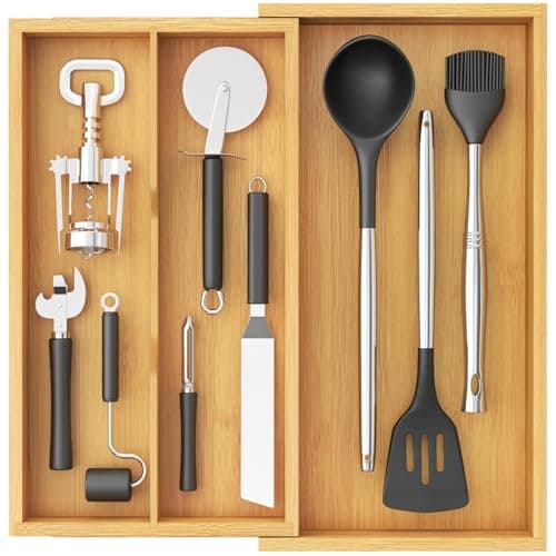 Image of Lifewit Utensil Drawer Organiser, Extendable Cutlery Tray for Kitchen, Silverware Flatware Holder, Wood Adjustable Kitchen Spatula Tools and Gadgets Storage Divider, 23-40x40cm, Natural