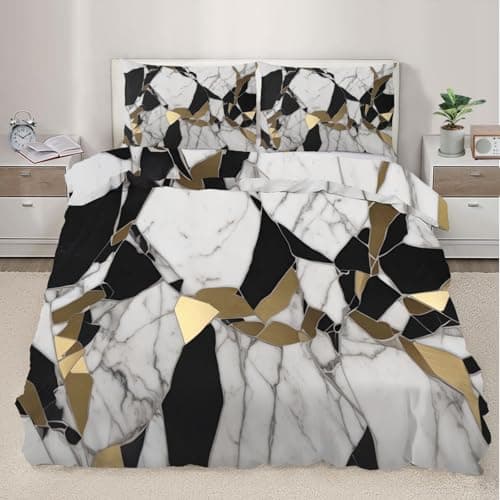 Image of XEODIAT Black and White Marble Duvet Cover Set 3 PCS Marble Bedding Set Black and Gold Crackle 3D Duvet Cover with Pillowcases, for Soft Microfiber Quilt Cover with Zipper Closure (200×200cm)