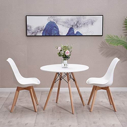 Image of Homcasa Dining Table and Chairs Set, Modern Compact Round Kitchen Table, 2 Retro Lorenzo Chairs with Solid Wood Legs for Home Office Lounge (White)