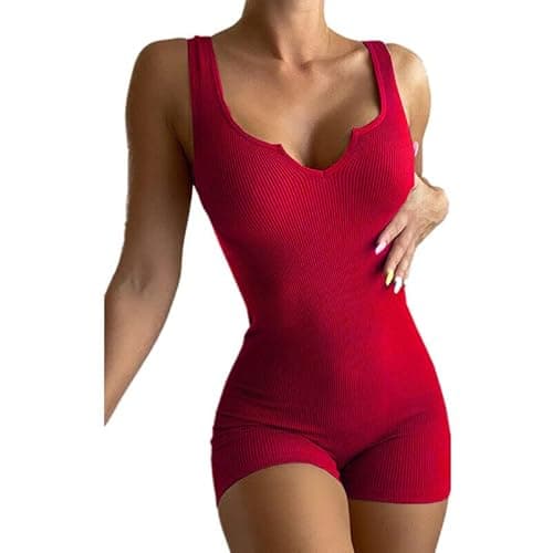 Image of Boolavard Womens Sexy Ribbed Sleeveless Bodysuit Stretch Leotard Shorts Romper Jumpsuit (XL, Red)