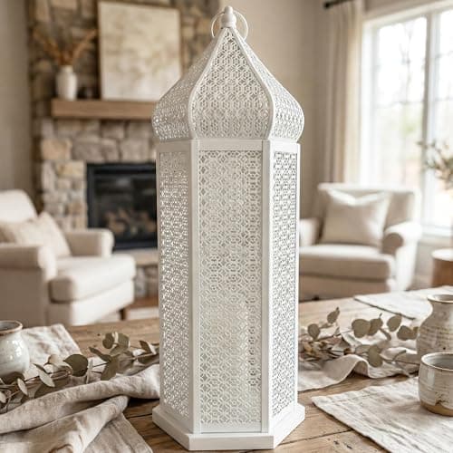 Image of VELA LANTERNS 53cm Extra Large Tower Temple Moroccan Lantern Lamp Decorative Candle Holders for Ramadan Decorations, Hanging, Outdoor Patio or Porch, Indoor Home Decor, White