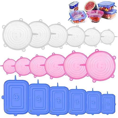 Image of 12 Pcs Round Silicone Stretch Lids and 6 Pcs Rectangular Silicone Lids Food Covers, Reusable Silicone Lids, Different Sizes, Expandable, Keep Food Fresh, for Dishes Jars Bowls (Blue, White, Pink)