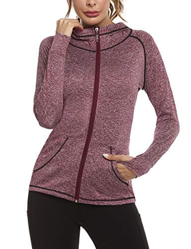 Image of Woman Plain Zip Up Hoodie Top Ladies Long Sleeve Sport Workout Hooded Jacket Sweatshirt Coat Hoody Jacket with Pockets and Thumb Holes Wine Red