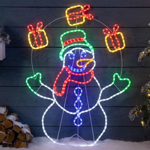Image of Christow Light Up Snowman Outdoor Christmas Decoration, Animated Juggling Rope Light Silhouette, 200 Multi Coloured LEDs, Mains Powered with Timer Function (H98cm x W68cm)