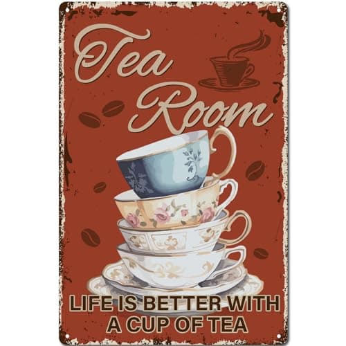 Image of CREATCABIN Tea Room Tin Sign Retro Metal Poster Vintage Tea Cups Art Plaques Gallery Wall Signs Hanging Home Outdoor Decoration for Tea Room Kitchen Garden 12x8 Inch Life Is Better With A Cup Of Tea