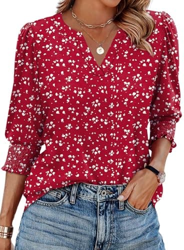 Image of Aokosor Womens 3/4 Sleeve Tops Ladies Blouses V Neck T Shirts Puff Sleeve Tunic Curved Hem Office Wear Size 14-16 Red White Dot