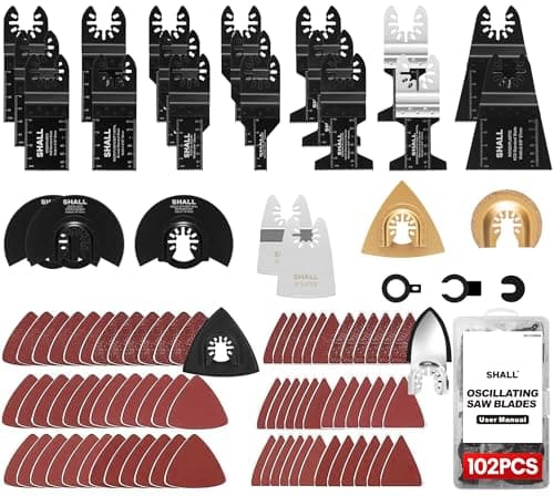 Image of SHALL 102PCS Multitool Blades, Oscillating Multi Tool Accessories Kits, HCS & Bi-Metal Blades, Sanding Pad, Sandpaper, Scraper, Carbide Grit Rasp, Dremel/Bosch/C-Clip Adapter, Storage Case Included