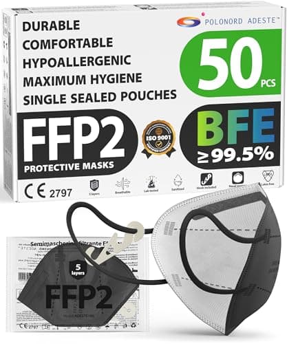 Image of FFP2 NR D Masks Pack of 50 – Black, CE certified, controlled supply chain, comfortable, hypoallergenic, and adjustable elastic bands. Safe: filtration in wear simulation 99.5%. Single sealed pouches