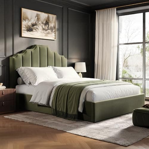 Image of Flair Furnishings - Margot Ottoman Bed, King Size Bed Frame with Storage and Fluted Headboard, Easy to Lift, Elegant and Refined (Khaki Green Velvet)