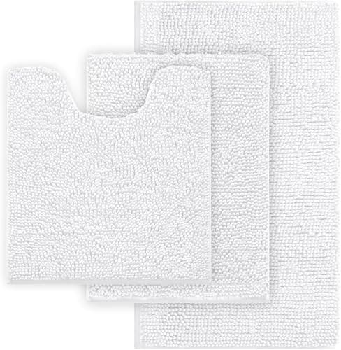 Image of COMPOLICY 3 Piece Bath Mat Set, White Non Slip Chenille Bathroom Mats, Washable Anti-Yellowing Super Absorbent Toilet & Shower Rug Set