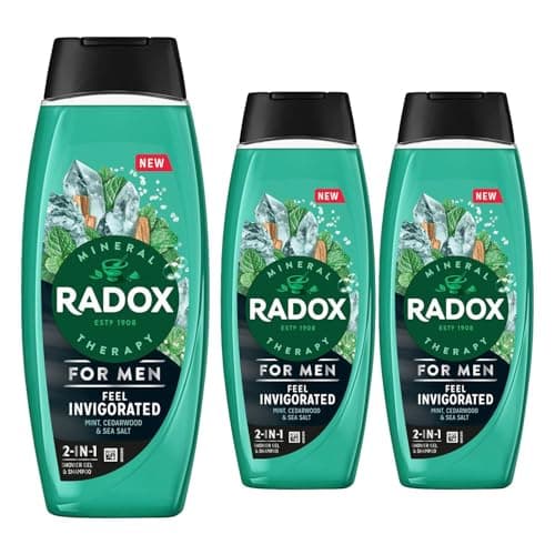 Image of Radox Mineral Therapy 2-in-1 Shower Gel & Shampoo Feel Invigorated, Pack of 3, Men's Body Wash Enriched with Sea Salt 4 Minerals and 13 Herbs Cedarwood and Mint Scent, 450 ml