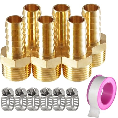 Image of MSAEIQUN Brass Hose Barb Fittings，1/2 NPT to 1/2 inch Barb Fitting, Brass Metals Adapter Connector with Stainless Steel Hose Clamp 6 PCS ，Ideal for Air, Fuel, Gas, Oil (1/2" Barb x 1/2 NPT Male, 6)