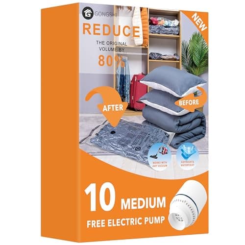 Image of 10 Medimu Vacuum Storage Bags with Electric Pump, Plastic Packaging Bags,Space Saver Sealer Compression Bags for Blankets, Comforters, Pillows, Clothes Storage